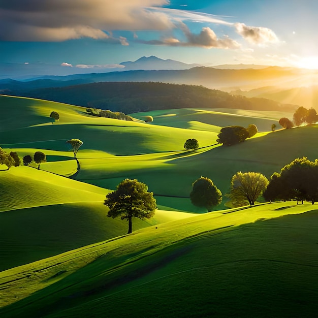 green scenery and windmills