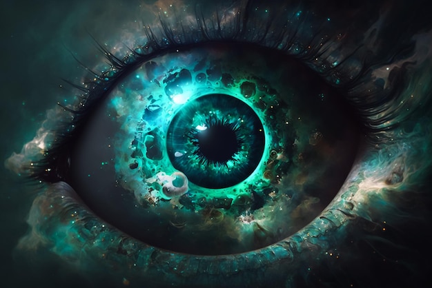 Green sci-fi fantasy eye with a whole galaxy inside