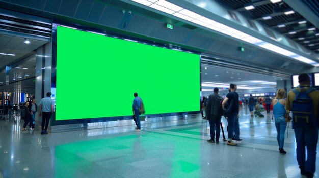 Photo green screen advertising billboard arrival display with chroma key mockup advertising space background diverse crowd of people waiting for their flights in airline hub boarding lounge