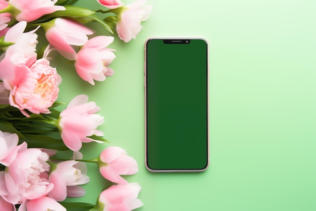 Зеленый экран Chromakey смартфон на весеннем фоне для весенних приветствий пустой макет телефона