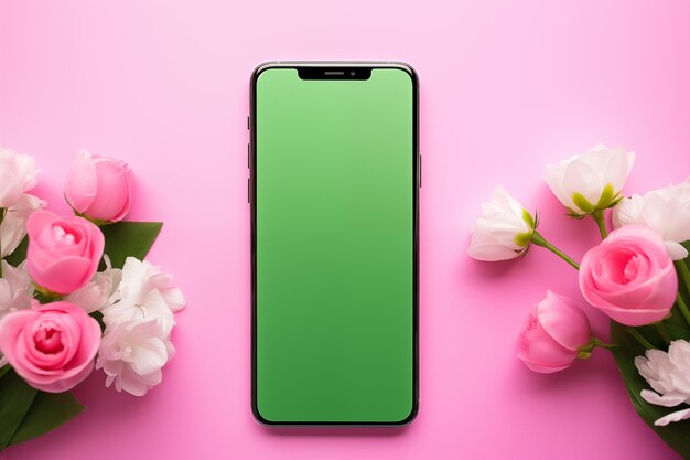 Green screen chromakey smartphone on spring background for spring greetings blank mock up phone