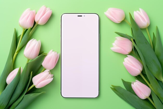 Green screen chromakey smartphone on spring background for spring greetings blank mock up phone