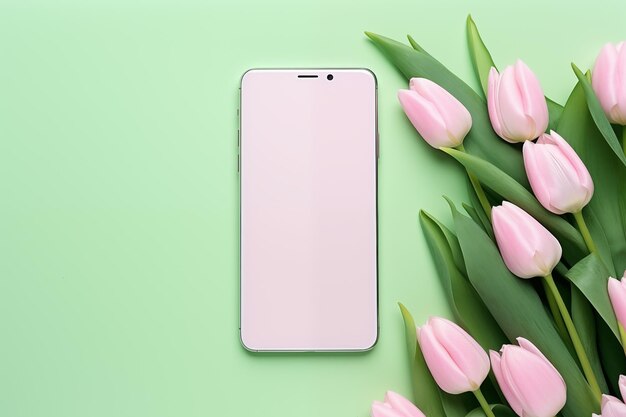 Green screen chromakey smartphone on spring background for spring greetings blank mock up phone