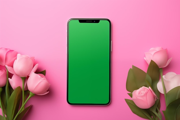 Foto schermata verde chromakey smartphone sullo sfondo primaverile per i saluti primaverili vuoto mock up telefono