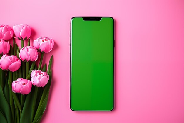 Foto schermata verde chromakey smartphone sullo sfondo primaverile per i saluti primaverili vuoto mock up telefono