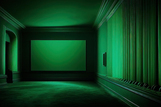 A green screen in a dark room with a green light above it.