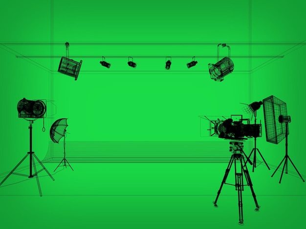 Green screen photo studio with lighting and movie camera 3D rendering wireframe