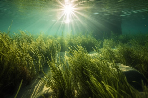 A green sea grass is under water with the sun shining on it