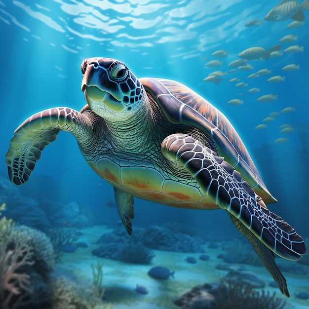 Green sea turtle on coral reef