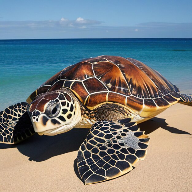 A green sea turtle is on the beach with the ocean in the background