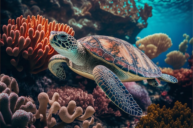 Green sea turtle swimming among colorful coral reef in beautiful clear water Generative Ai