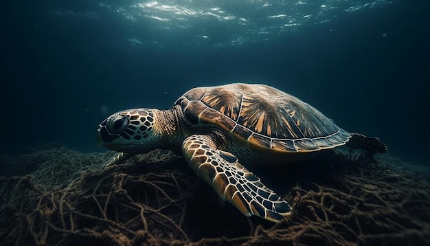 Зелёная морская черепаха плавает в спокойной среде рифа Мауи, созданной искусственным интеллектом.