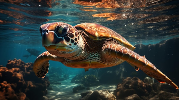 Green sea turtle swimming undersea