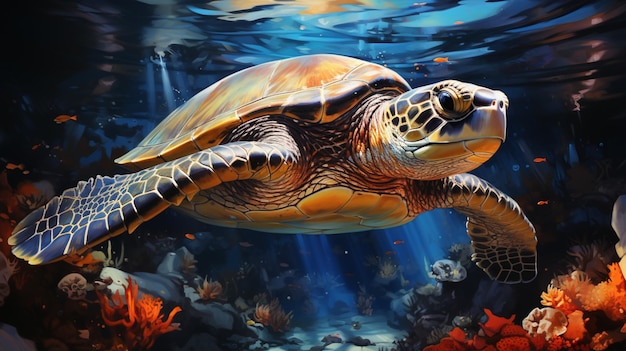 Green sea turtle swimming undersea