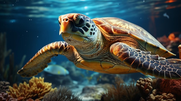 Green sea turtle swimming undersea