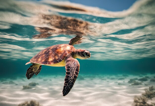 Green Sea Turtle swimming underwater in blue ocean water