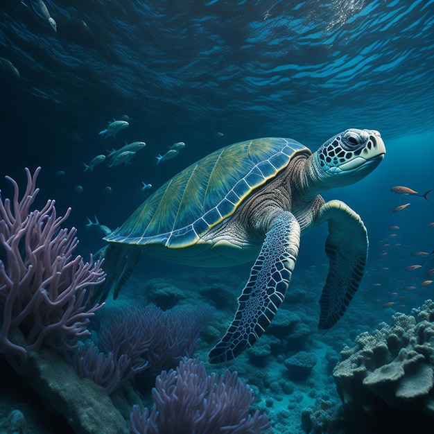 Green sea turtle swimming underwater in the coral reef