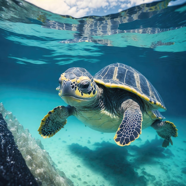 Green sea turtle swimming underwater in the ocean 3d illustration