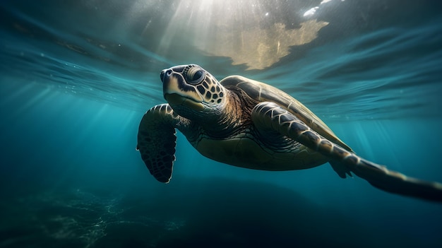 green sea turtle swimming under water surface