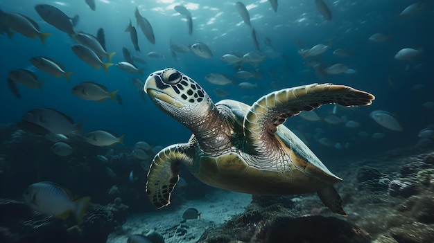green sea turtle swimming with school fish under the sea