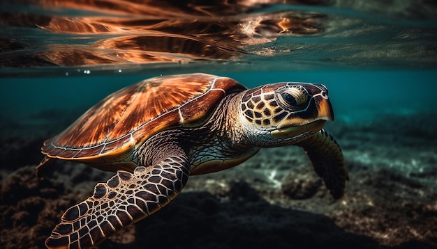 Green sea turtle swims among multi colored coral in tranquil waters generated by AI