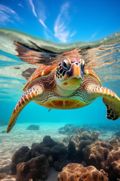 Photo a green sea turtle swims past a coral reef