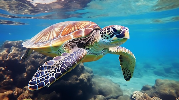 A green sea turtle swims past a reef with a turtle swimming in the water