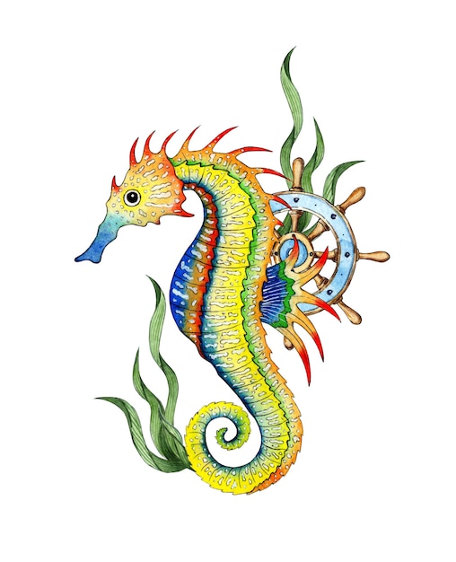 Green seahorse and helm watercolor