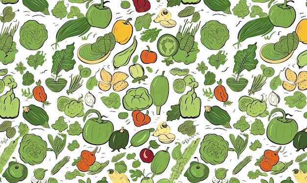 굵은 윤곽선 스타일의 다양한 야채와 잎이 있는 녹색 매끄러운 패턴