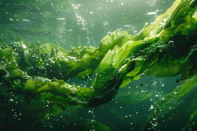 Photo green seaweed ulva lactuca algae swing underwater with bubbles