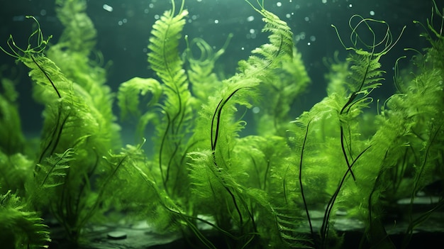 Фото Зеленые водоросли под водой в темноте