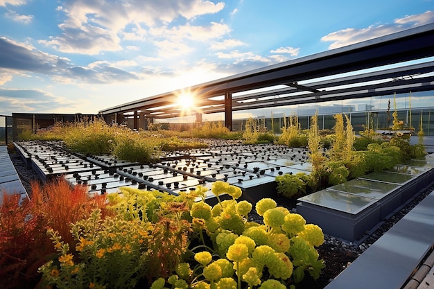 Green Sedum Rooftop Garden with Solar