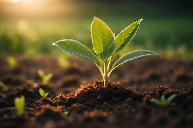 Green seedling growing on fertile soil with morning sunlight Ecology concept