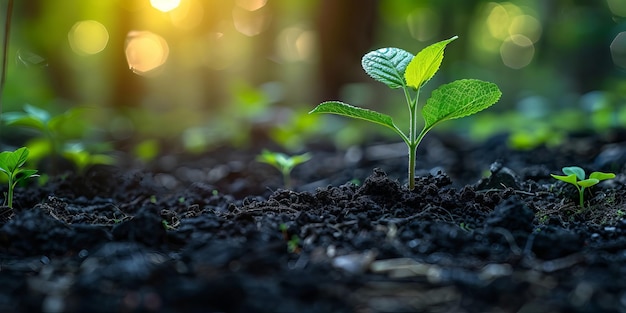 Green seedling growing from seed in the morning light Ecology concept