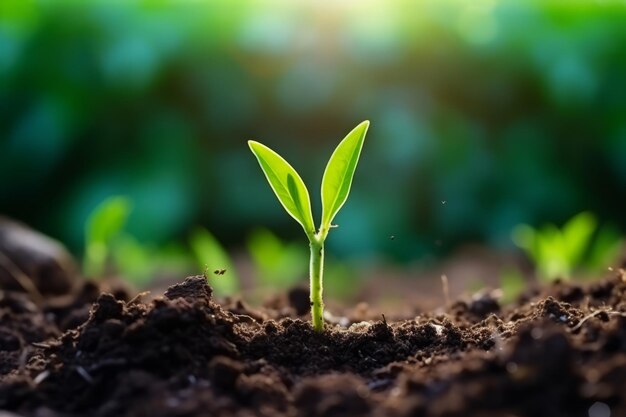 Green seedling growing from soil in the morning light Agriculture concept