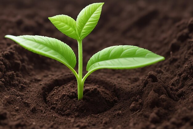 Green seedling growing in soil on dark background