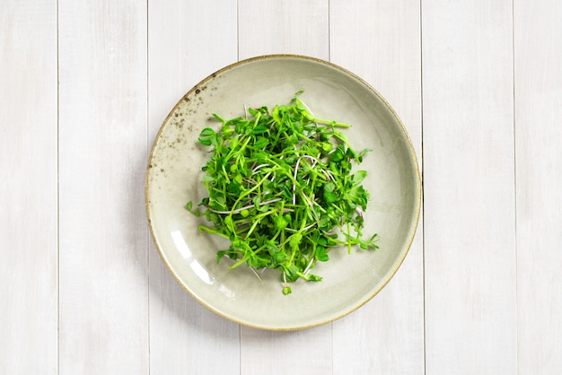 白いテーブルの上の皿に緑の苗サラダ