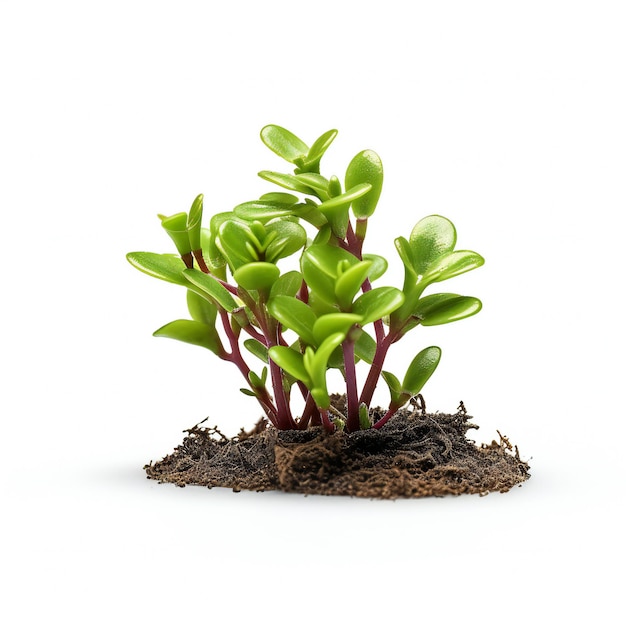 Green seedling in soil isolated on white background Close up