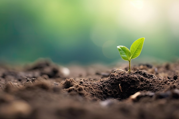 Green seedlings growing from seed on blurred nature background Ecology concept