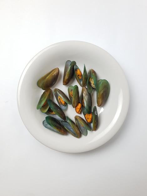 Green Shell Mussel on a plate isolated on white background Fresh New Zealand Mussel or Perna Canali