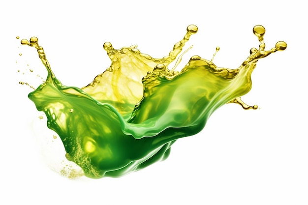green and shine golden water color liquid or Yogurt splash on isolated white background