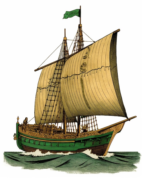 A green ship with a green sail and the word trafalgar on the front.