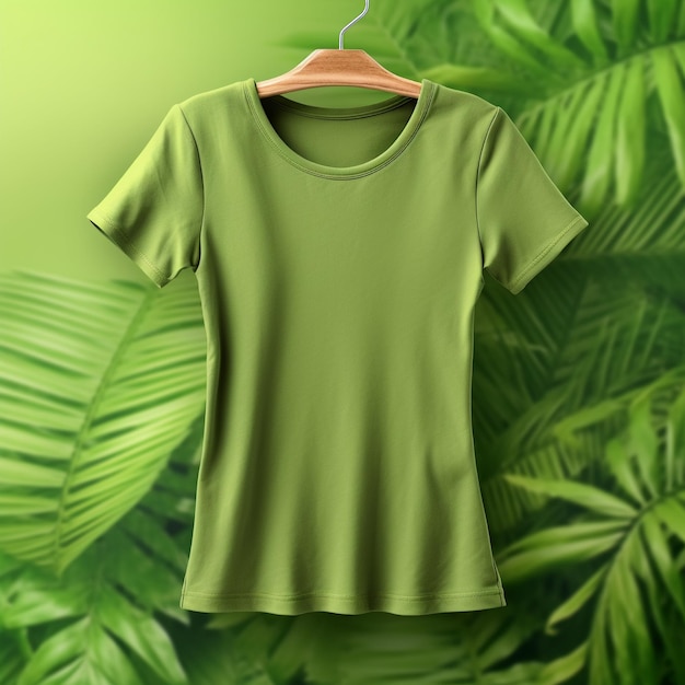 A green shirt is hanging on a hanger with a green background.