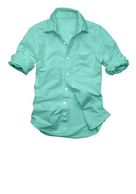 A green shirt is hanging on a white background