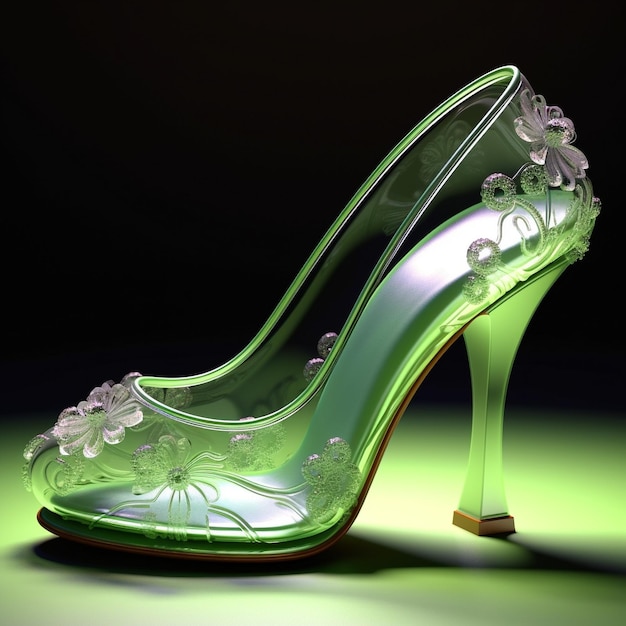 a green shoe with a flower design on it