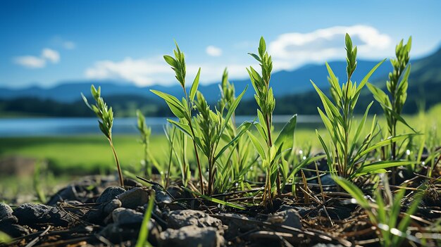 Photo green_shoots_of_grain_against_the_blue_sky_with_cloud