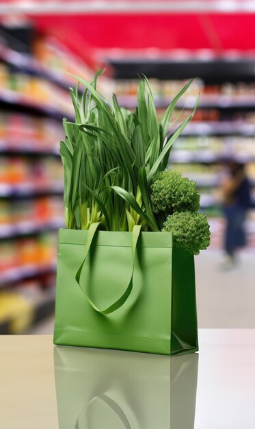 Photo green shopping bag with green onions broccoli and other vegetables on supermarket background
