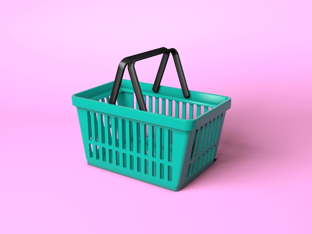 Green shopping basket on a pink background. 3d render.