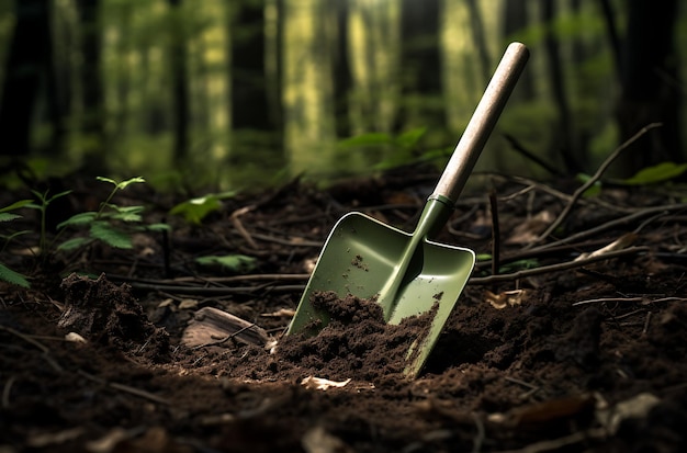 a green shovel is next to two bush covered ai generative