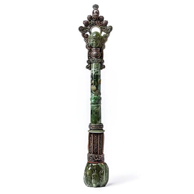 Photo a green and silver pole with a design on it